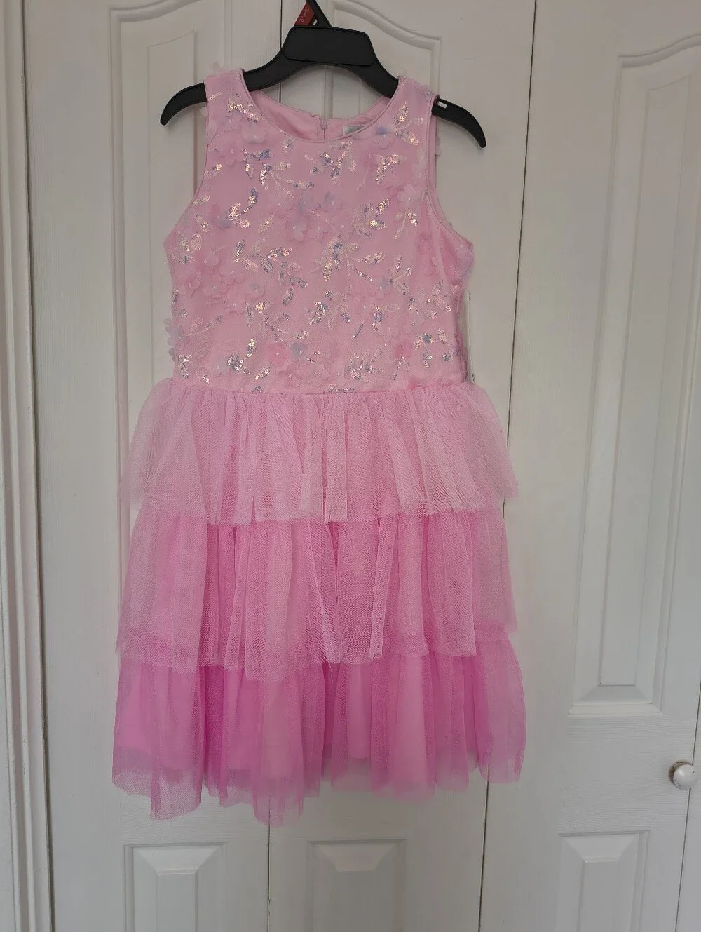 Pink Sequined Floral Tiered Tulle Dress Size XL.